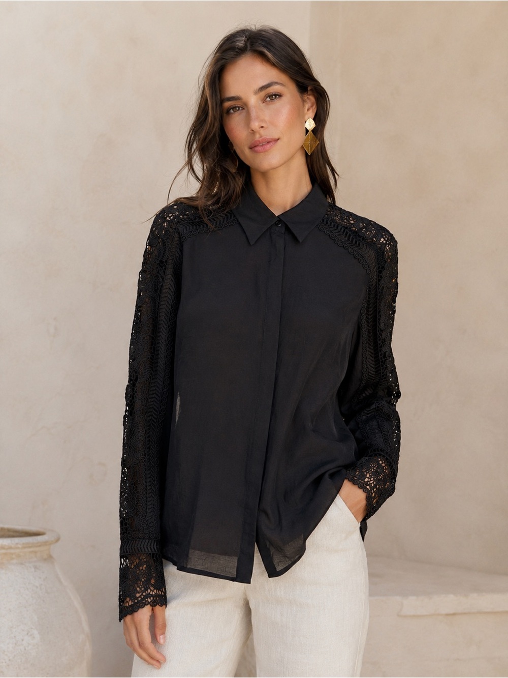R.O.B. Black Lace Sleeve Blouse Romantic Resortwear Top size 12